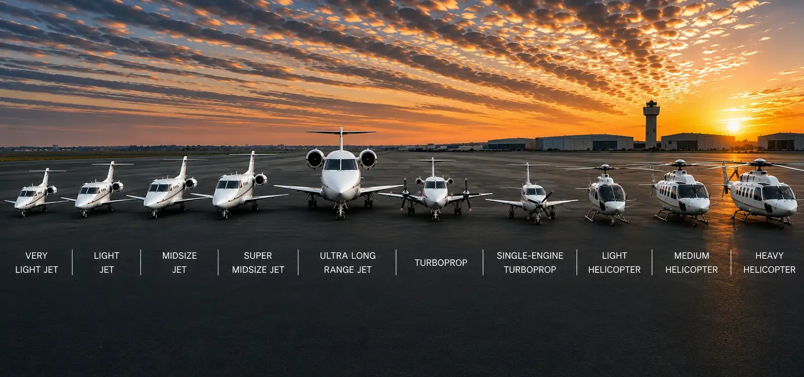 Lineup of business jets, turboprops and helicopters on a sunset ramp — from Very Light Jets to Ultra Long Range jets and rotary aircraft